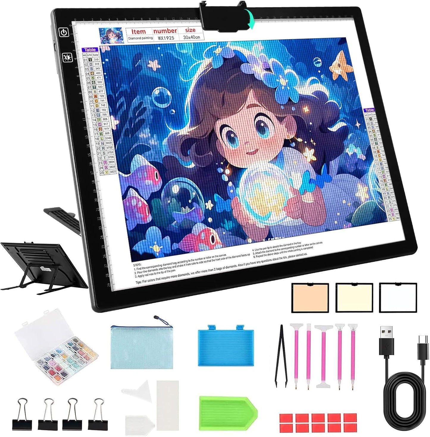 A3 Light Pad for Diamond Painting - Tracing Light Box with Stand, Stepless Dimmable 3 Levels Brightness Light Board, Ultra-Thin LED Light Pad for Weeding Vinyl, Drawing, Diamond Painting, Sketching