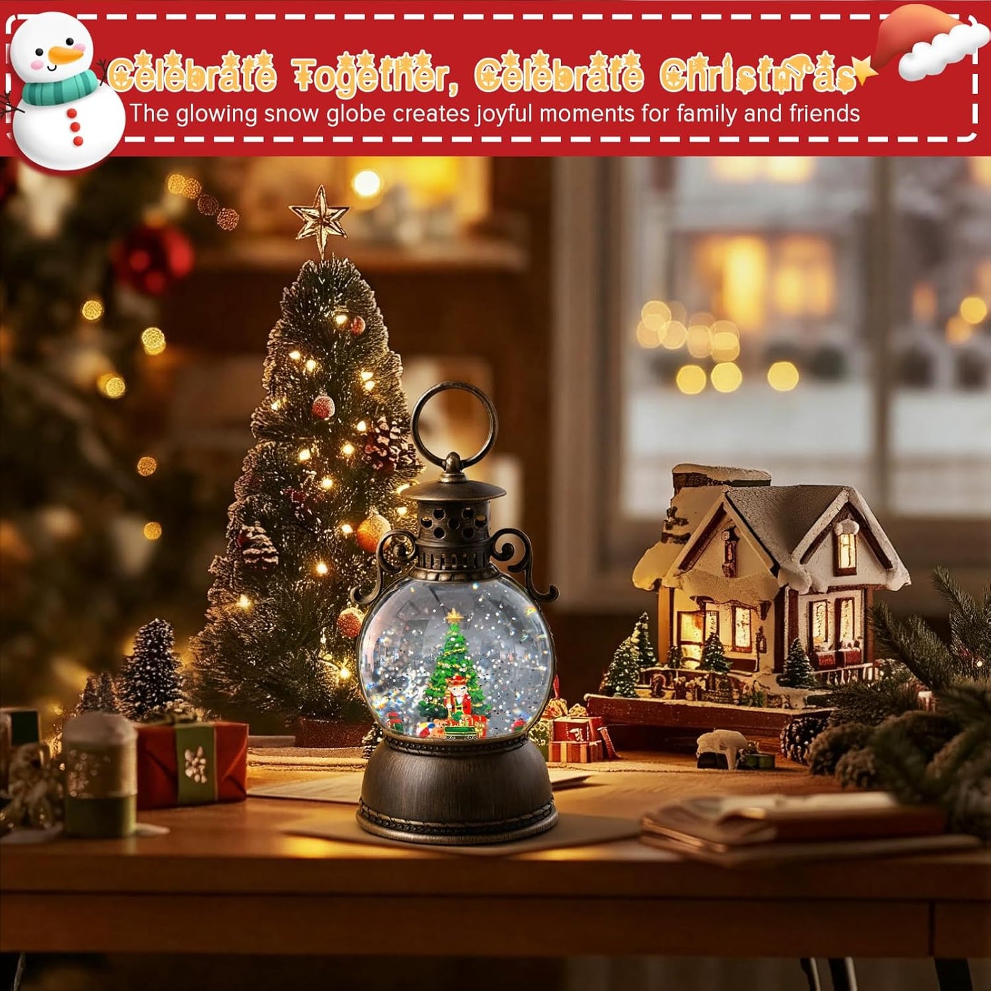 2026 Christmas Tree Train Lighted Musical Snow Globe Lantern Glittering Water Swirling Snowfall Singing Light up Decorative Holiday Decoration, 6H Timer, USB/Battery Operated, Home Décor Accent Gift