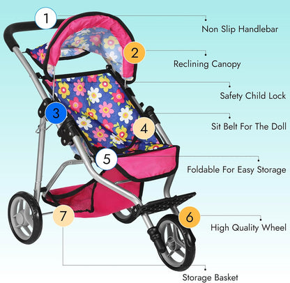 Fash N Kolor - Baby Doll Stroller with Adjustable Canopy & Toy Storage Basket - Foldable Baby Stroller for Pretend Play - Denim Pink,