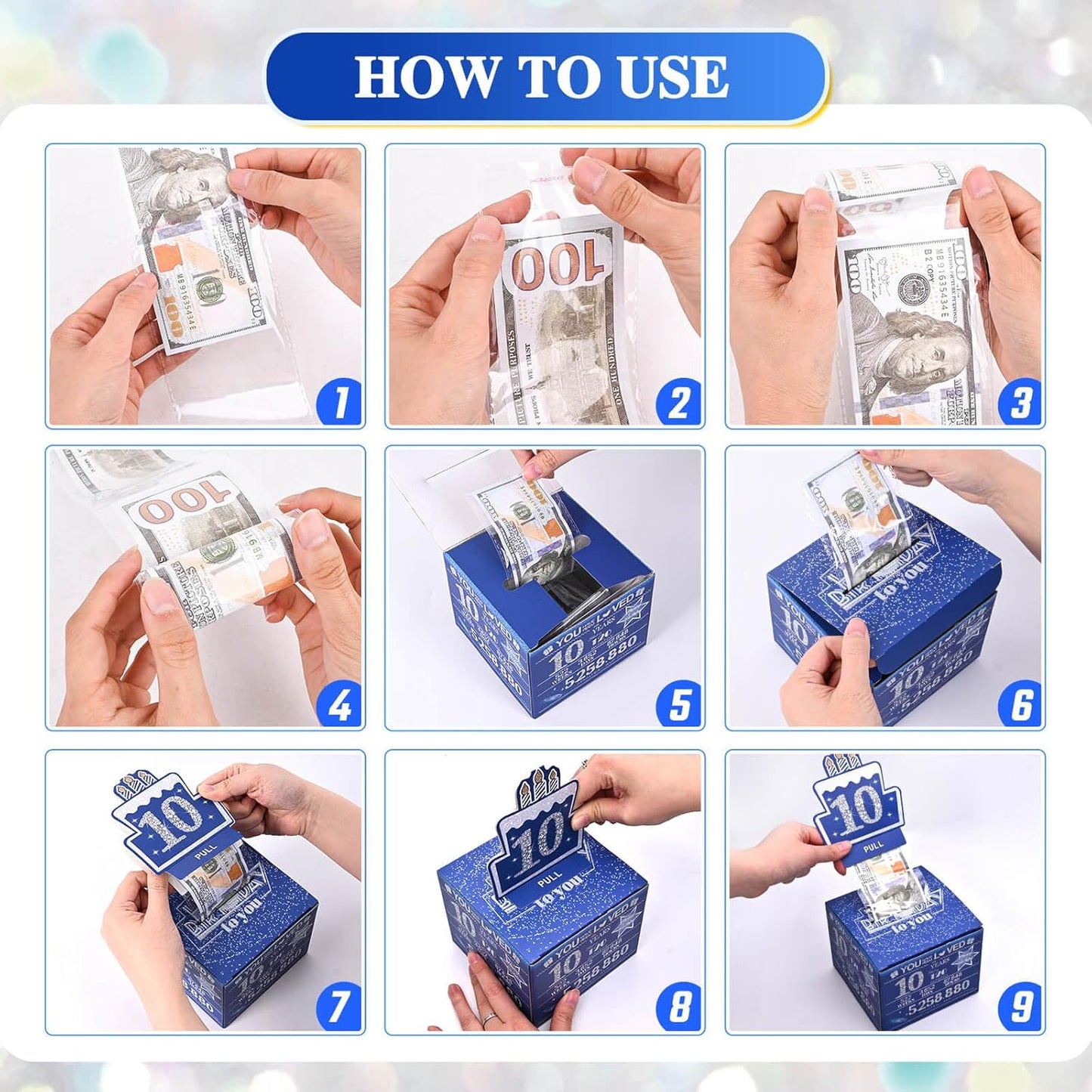 10 Happy Birthday Money Box for Cash Gift, 10th Birthday Decorations for Boys and Girls, Gifts for 10 Year Old Boy, Boy Gift Ideas, Cool Things for Teen -Blue with 100PCS Bags