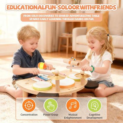 Kids Drum Set, Montessori Musical Instruments for Toddlers 1-6, Wooden Toys Montessori Music Table, Xylophone Drum Kit, Birthday for Boys Girls