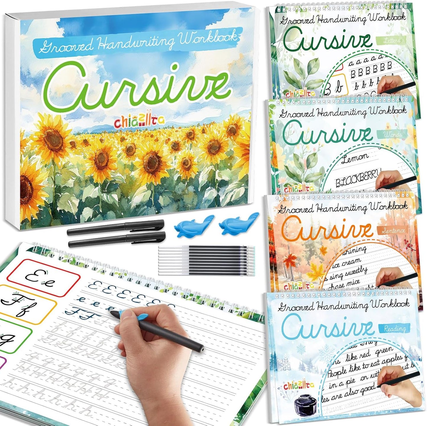 chiazllta 4 Pack Grooved Cursive Handwriting Practice Kit with Disappearing Ink Pens Magic Reusable Grooved Cursive Writing Workbooks Copybook for Beginners Kids (Words&Sentence&Reading&Letters)