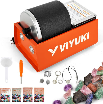 Professional Rock Tumbler Kit - Double Drum 6LB Rock Polisher(Double Barrel), Includes Rough Gemstones, 8 Polishing Grits, Jewelry, Learning Guide, Ideal Gift for Adults & Collectors