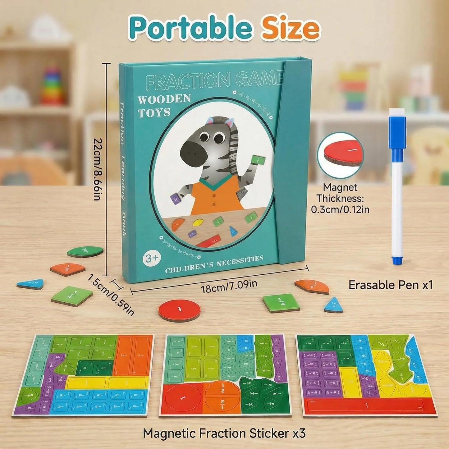 Magnetic Fraction Playbook: Magnetic Fraction Educational Puzzle Tiles & Circles, Fractions Magnets Demonstration Book Montessori Math Manipulatives for Kids Elementary School Game