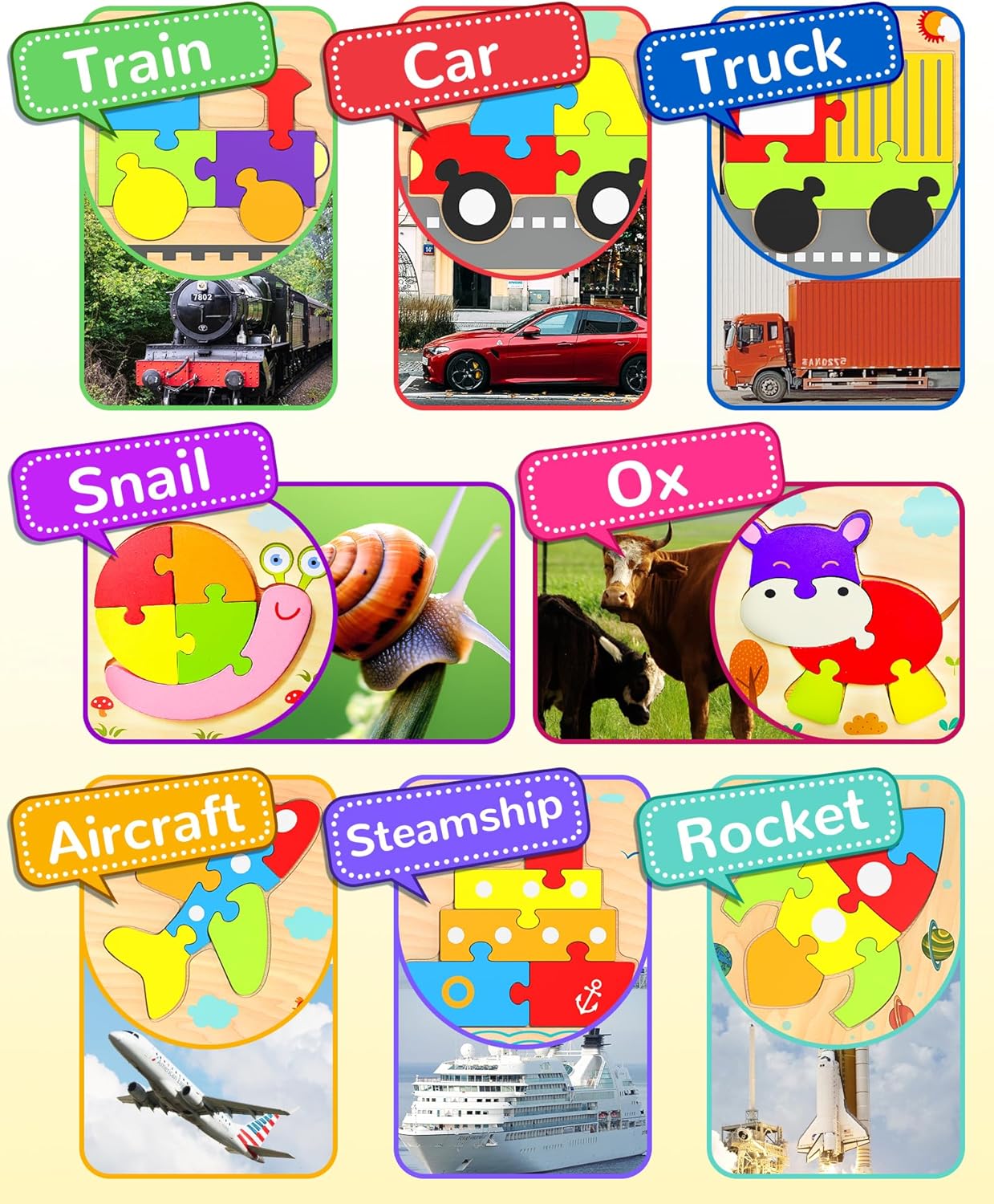 Yetonamr Wooden Toddler Puzzles Gifts Toys for 1 2 3 Years Old Boys Girls, 6 Vehicle Shape Montessori Toys Educational Blocks Kids Toys Gift Baby Learning Toy Age 1-3, 2-4