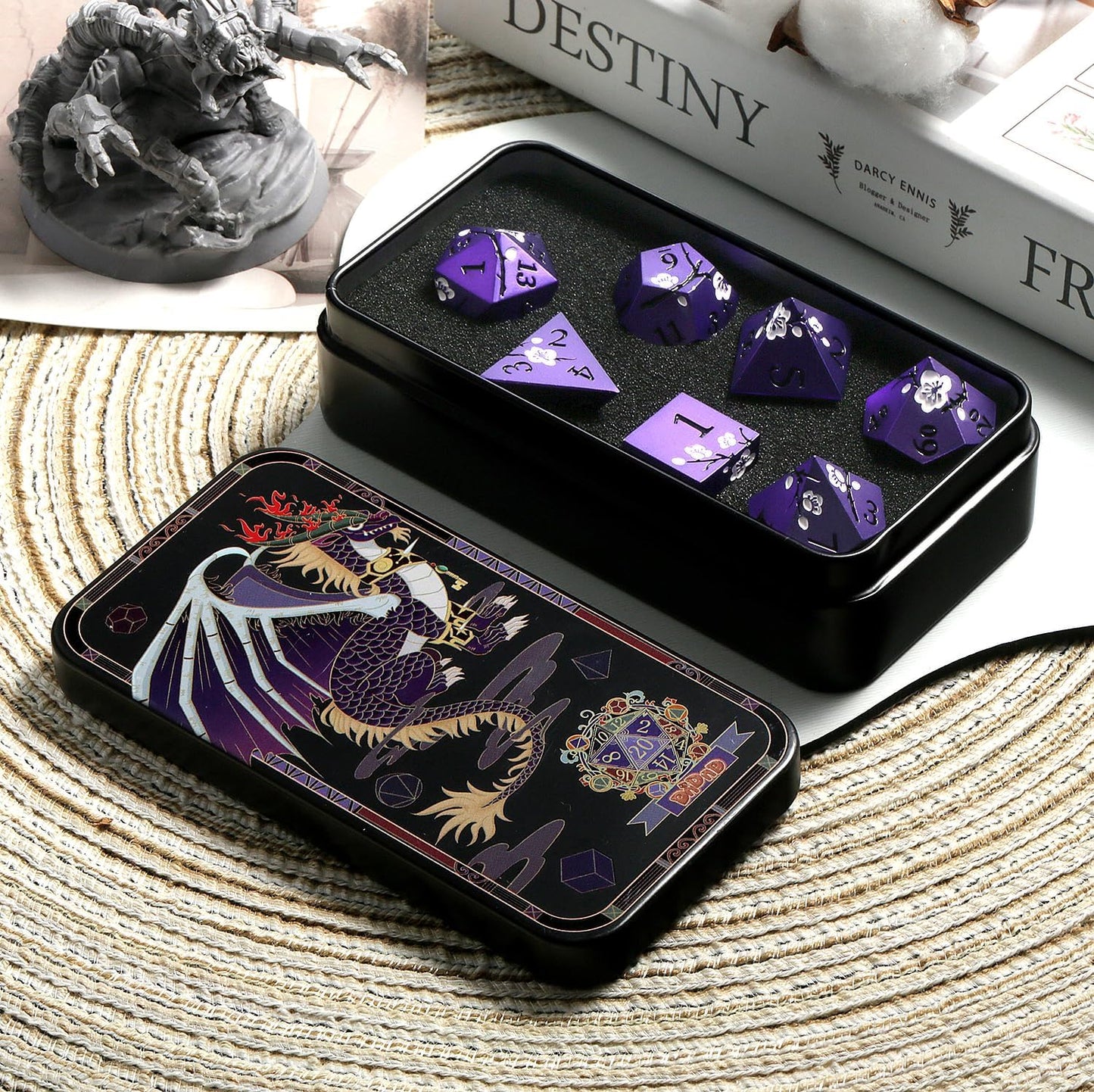 DnDnD Heavy Polyhedral Metal Dice Set with Metal Box, 7-die Shiny Blue Surface with Golden Number for RPG,Dungeons and Dragons,Pathfinder,Shadowrun,D&D,Role Palying Game and Math Teaching - Colors A