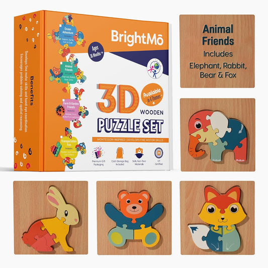 Montessori Wooden 3D Puzzle Set – Educational Wooden Toys for Toddlers (Themes: Ocean, Animals, Transport, Farm & Garden) (Animals)