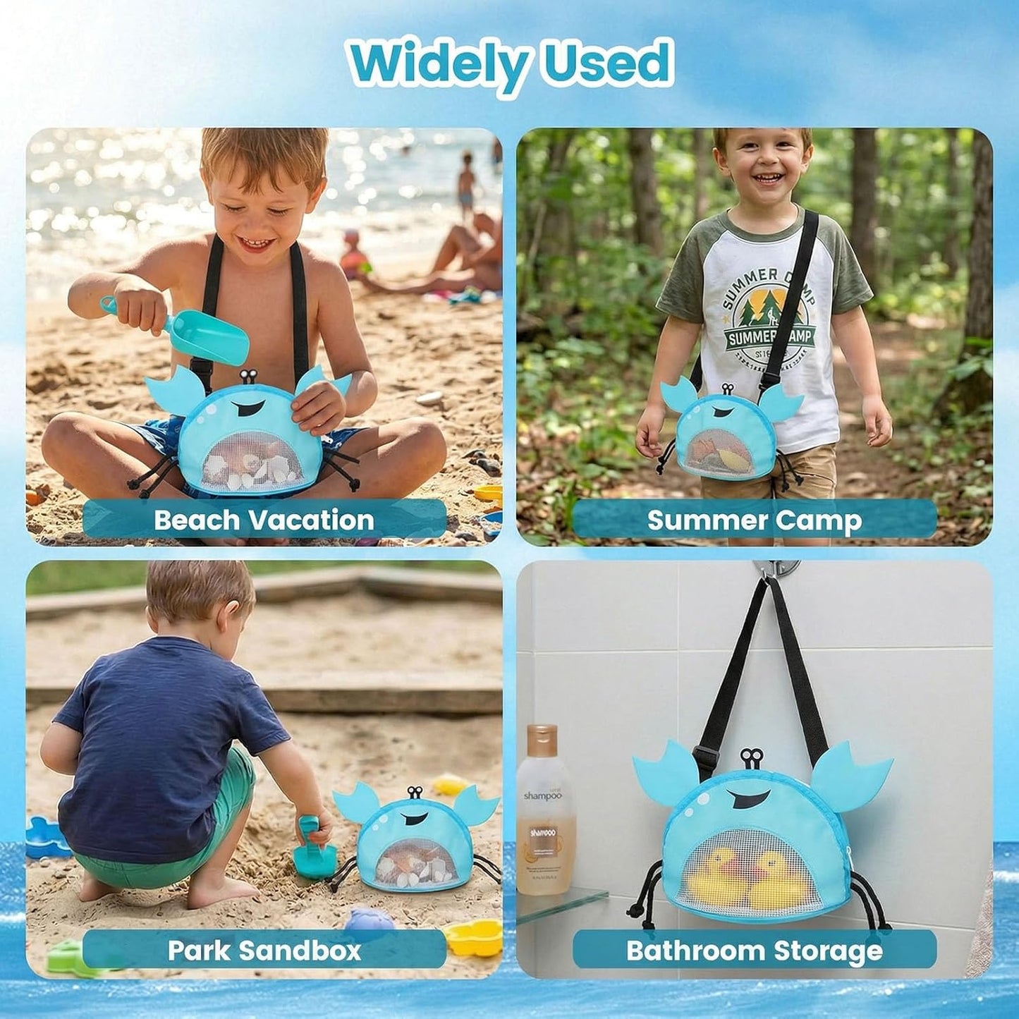 AMOR PRESENT Mesh Baby Beach Bag, Shell Collecting Bag with Shovel Crab-Shaped Adjustable Strap for Holding Shell Sea Pool Sand Toy, Blue