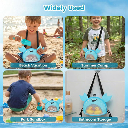AMOR PRESENT Mesh Baby Beach Bag, Shell Collecting Bag with Shovel Crab-Shaped Adjustable Strap for Holding Shell Sea Pool Sand Toy, Blue