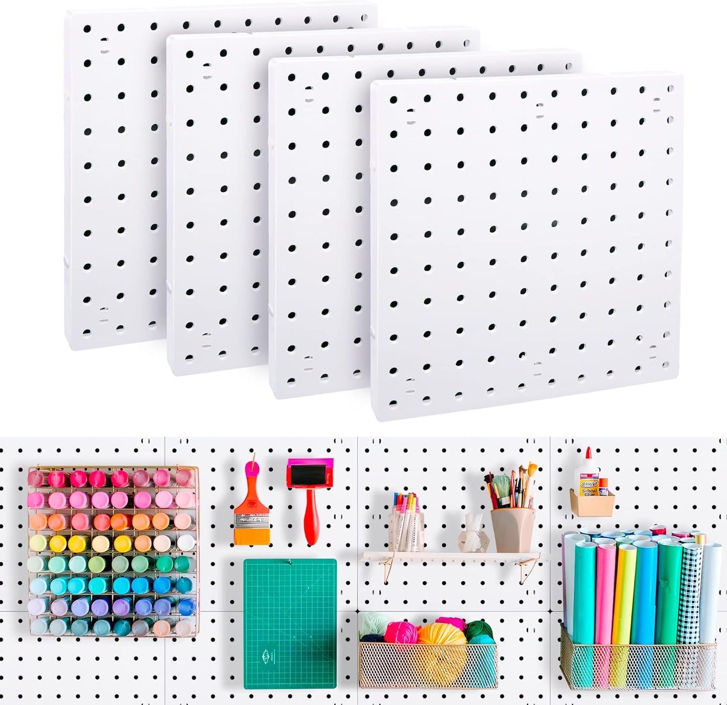 4Pcs Peg Board Panels, White ABS Pegboard Wall Mount, Easy Installation for Craft Room, Garage, Kitchen, Workshop