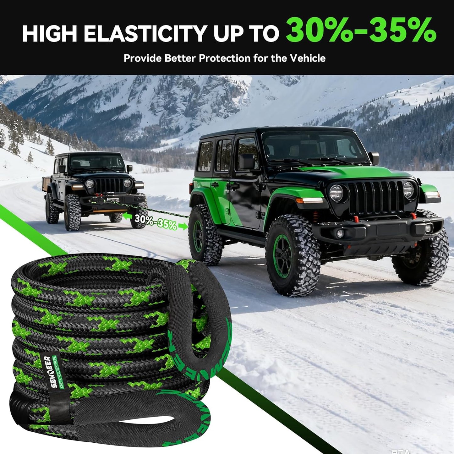 Kinetic Recovery Rope, 1" x 30ft 48500LBS, Kinetic Rope Recovery Kit with 2 Soft Shackles, Heavy Duty Offroad Snatch Strap, 35% High Elasticity Tow Ropes for Trucks SUV UTV, Black & Green Mixed