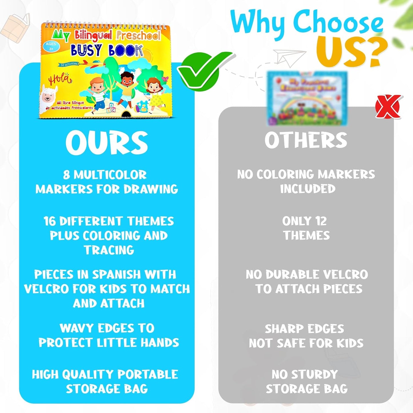 Busy Book for Toddlers 3 and Up – Preschool Learning Activities Bilingual Book in Spanish and English with 32 Activities – Educational Toddler Activity Book with 8 Color Markers