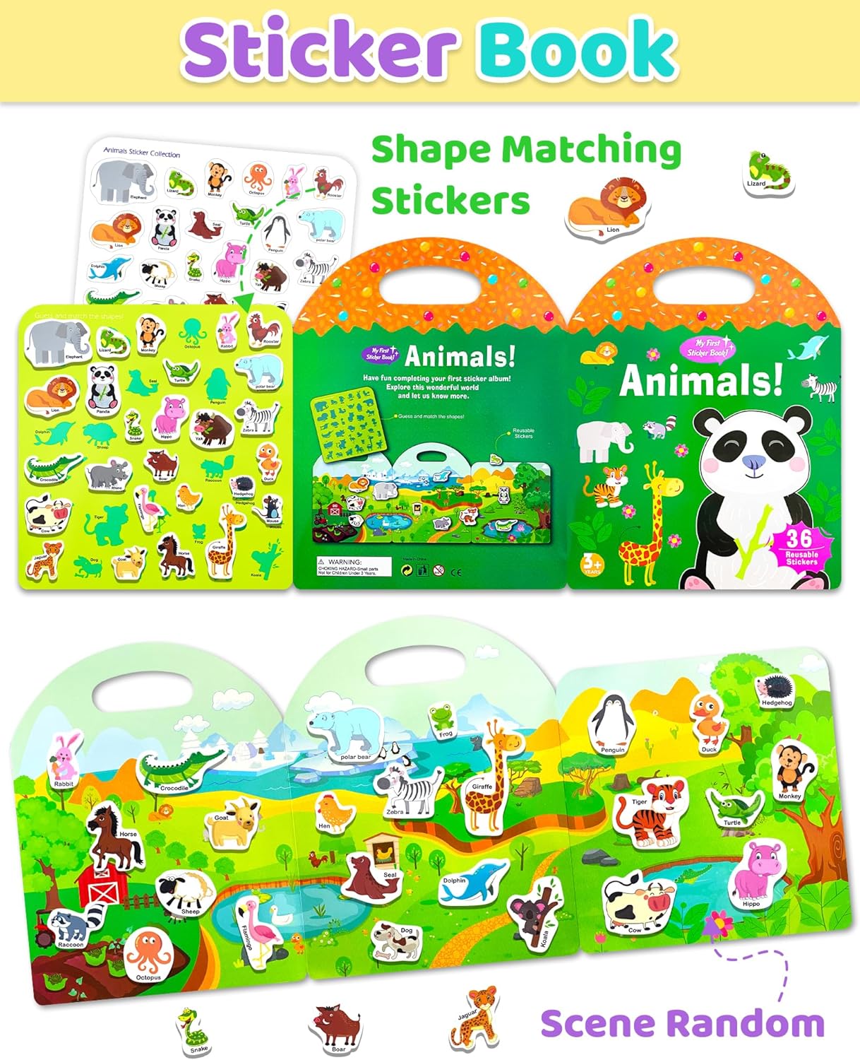 Benresive Reusable Sticker Book for Toddlers, Stickers for Kids, Travel Toys for Arts & Crafts Activities, Birthday Gift for Boys & Girls, Animals Dinosaurs Insects Themes