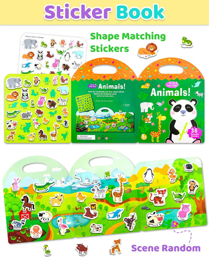 Benresive Reusable Sticker Book for Toddlers, Stickers for Kids, Travel Toys for Arts & Crafts Activities, Birthday Gift for Boys & Girls, Animals Dinosaurs Insects Themes