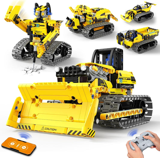 LECPOP 5 in 1 STEM Robot Toy Building Kit, 452 PCS Blocks App & Remote Control Engineering Toys Robotics for Kids Ages 8-12, RC Bulldozer Erector Sets for Boys Girls 6 7 9 10 11 13 14+ Birthday Gifts