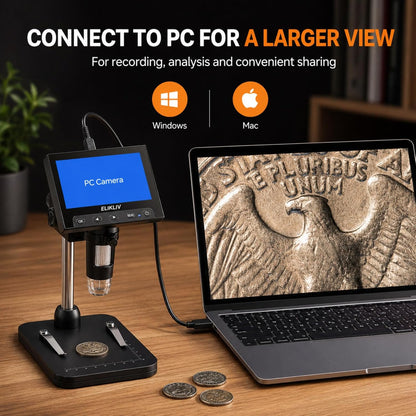 Elikliv Microscope, LCD Digital Coin Microscope 1000x, Coin Magnifier with 8 Adjustable LED Lights, PC View Compatible with Windows/MacBook, EDM4, 4.3-Inch