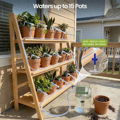 Solar Drip Irrigation System Timed Watering, Programmable Solar Water Drip for 15 Plants, Drip Irrigation Kit with 33FT 1/4'' Tube, 15x Tee Fitting, 15x Flow Valve, 15x Drip Stake(Solar Powered)