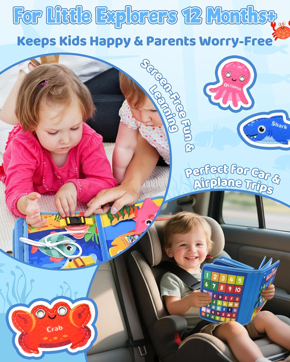 Ocean Busy Book for Toddlers 1-3, Montessori Quiet Book with Sea Animals, Fine Motor Skills Activities, Educational Travel Toy for 1 2 3 Year Old Boys Girls, Soft Felt Learning Toy for Travel