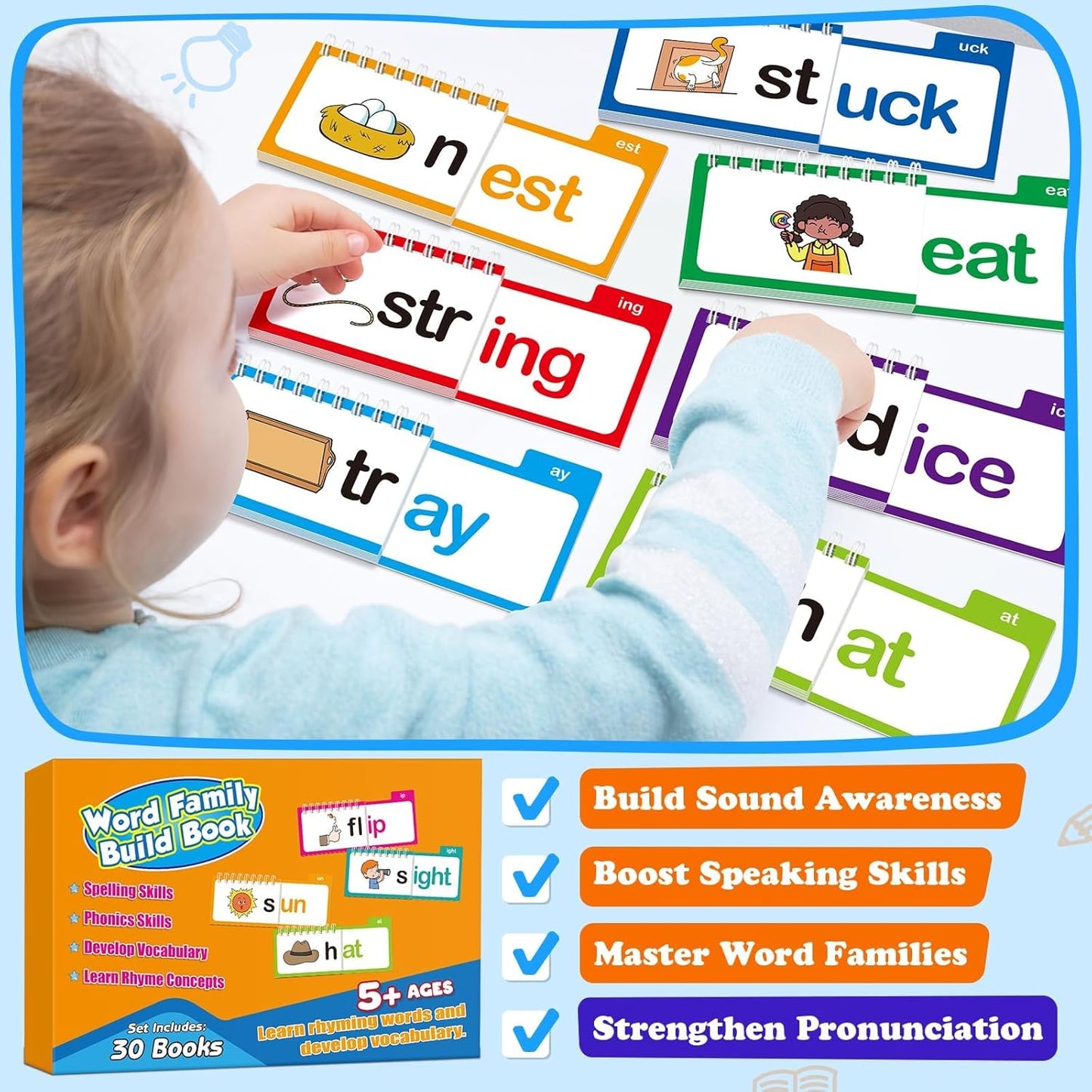 Word Family Build Book Phonics Flash Cards, 30 Read and Rhyme Flip Books, Sight Words Flash Cards Kindergarten, Learn to Read Flip Books for Kids Homeschool Preschool Classroom Must Haves