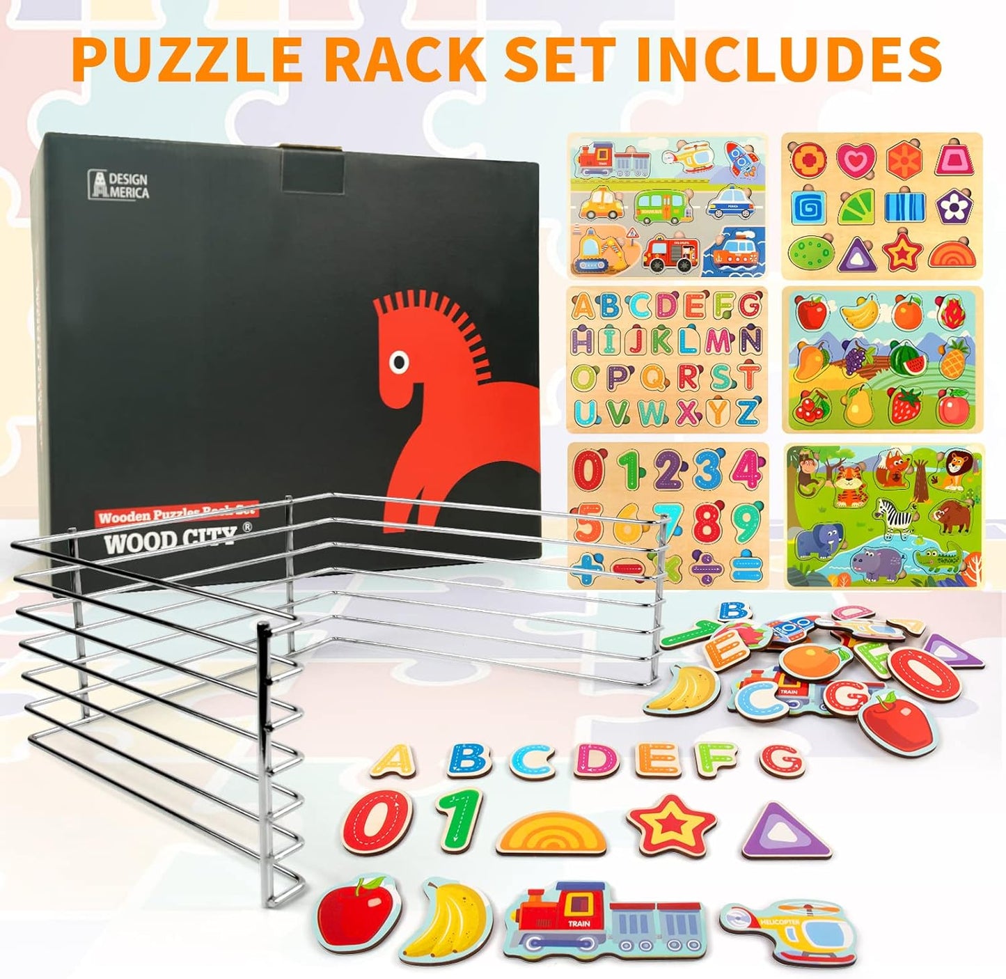 WOOD CITY Toddler Puzzles and Rack Set, Wooden Peg Puzzles Bundle with Storage Holder Rack, Educational Knob Puzzle for Kids Age 2 3 4 Years - Alphabet Number Shape Dinosaur Animal Vehicle
