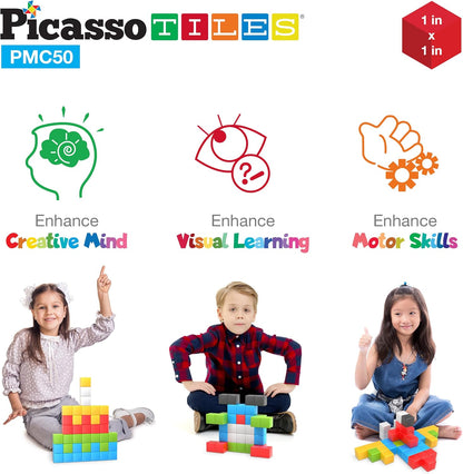 PicassoTiles 60pc Magnetic Puzzle Cube Building Set 1 Inch 3D Blocks STEM Construction Toy for Toddlers Kids Boys Girls Age 3+ Montessori Learning Travel Sensory Gift with Educational Idea Book PMC60