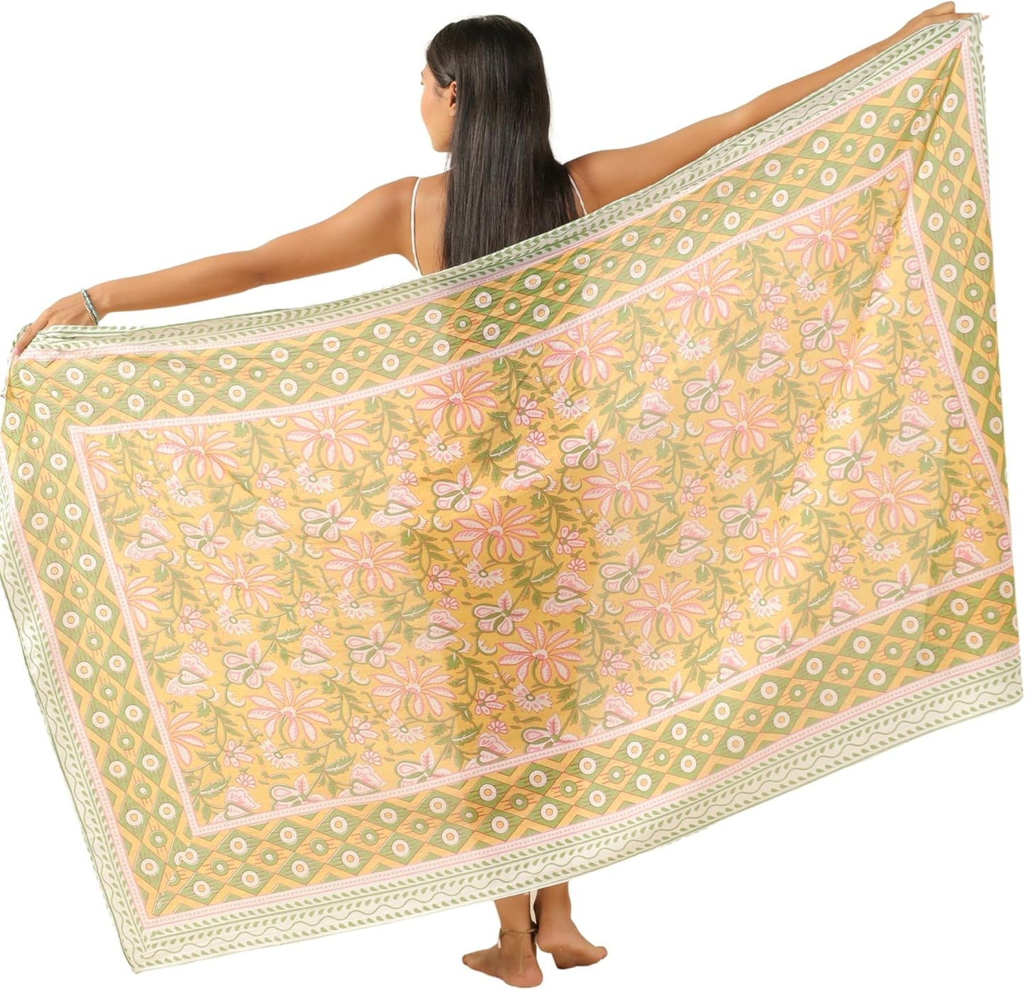 100% Cotton Sarong Cover Up for Women Indian Block Print Beach Wrap Skirt Long Boho Swimsuit Bikini Pareo (73” x 43”)