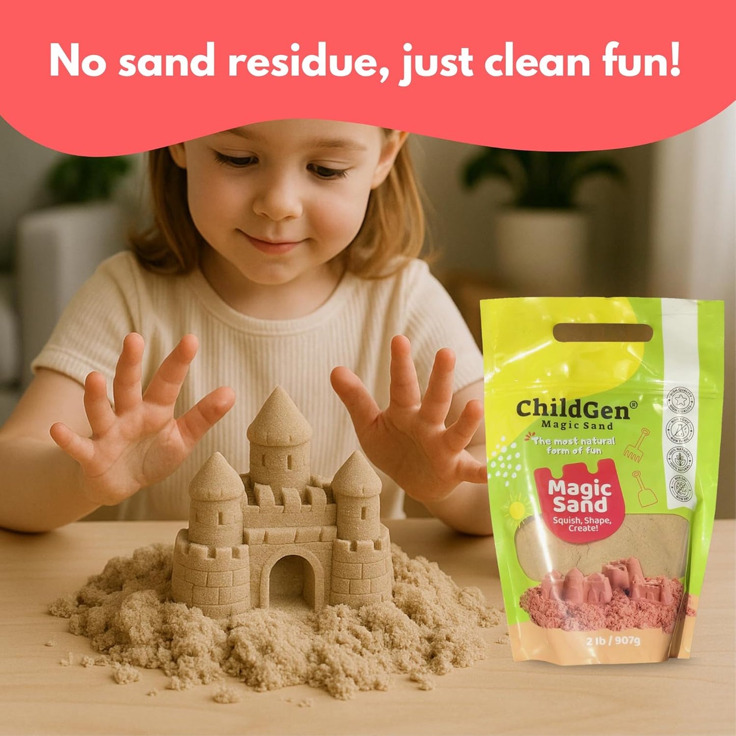 ChildGen Magic Sand, 2lbs Natural Sea Sand in Resealable Bag, Non-Toxic Play Sand for Kids, Soft, Moldable, Mess-Free Sensory Play (Green)