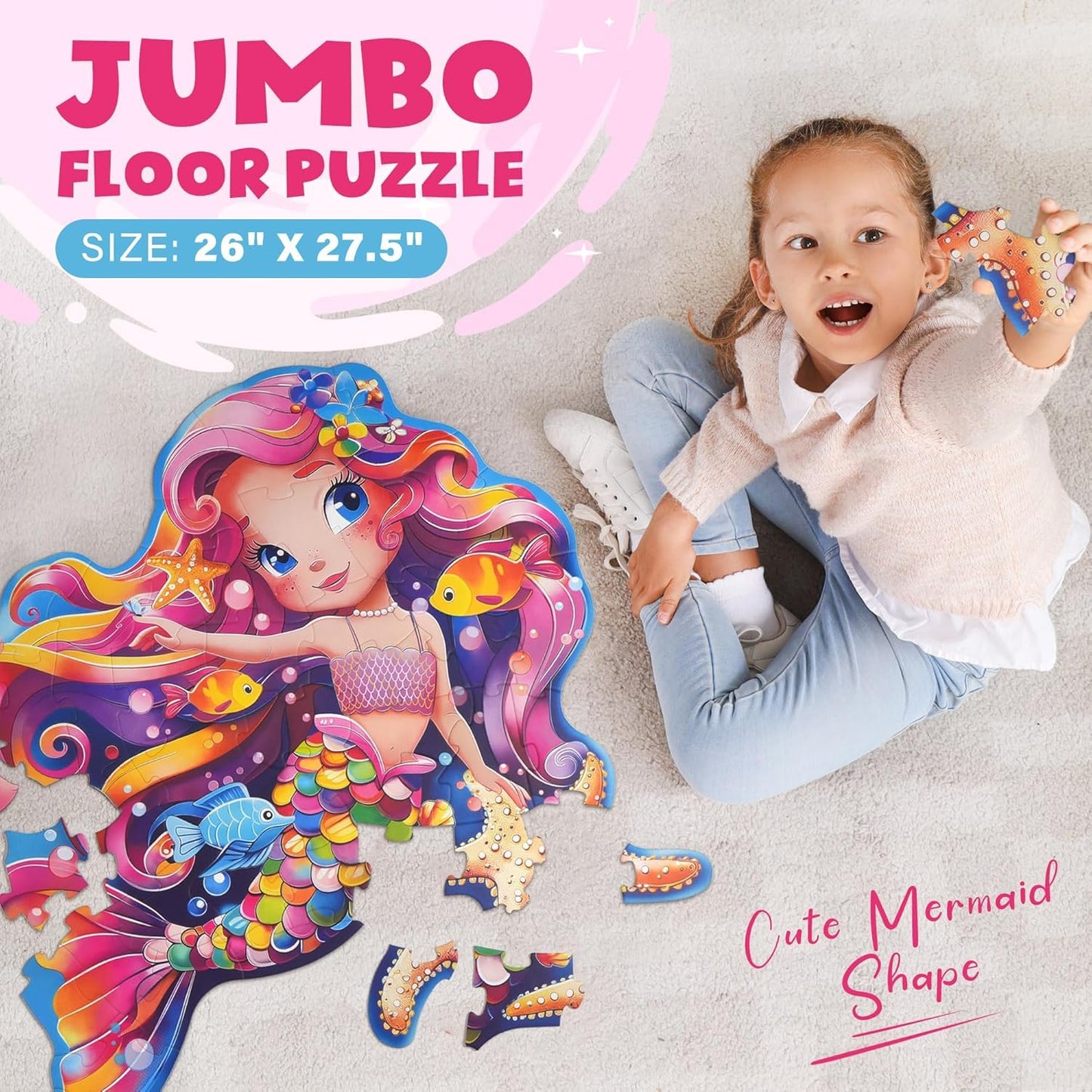 BenBen Floor Puzzles for Kids, 52 Piece Jumbo Mermaid Puzzle for Kids Ages 4-6, Large Jigsaw Puzzle for Toddlers 3-5, Mermaid Toys Birthday Gift for Girls Boys