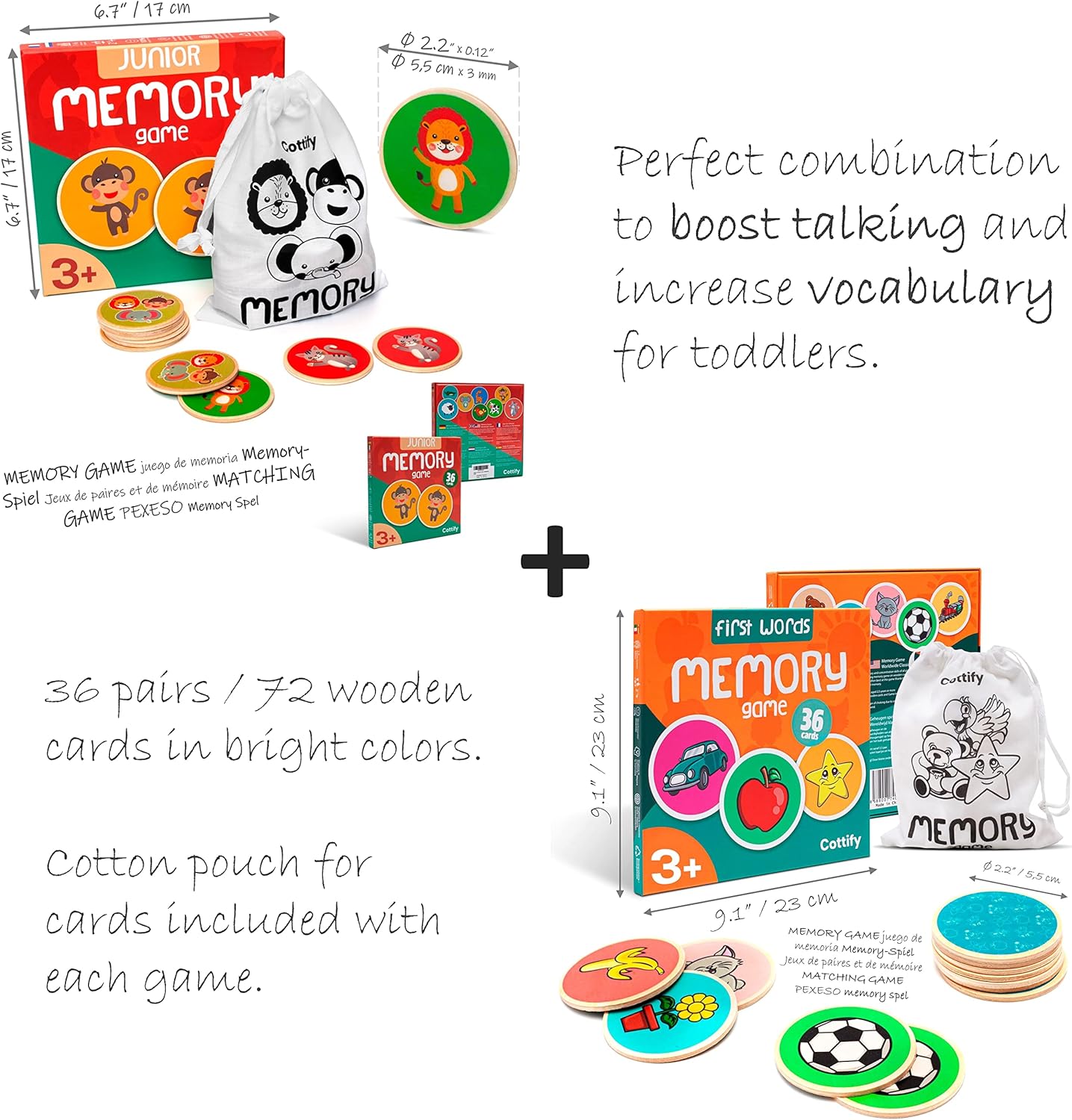 Montessori-Inspired Wooden Matching Game for Toddlers 2-4 Years - Durable, Scratch-Resistant 36 Card Set, Includes Carry Bag - Memory Game for Toddlers 2-4 Years - Cognitive Verbal Skills Development
