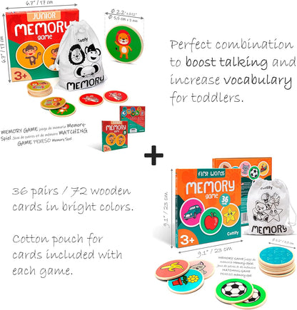 Montessori-Inspired Wooden Matching Game for Toddlers 2-4 Years - Durable, Scratch-Resistant 36 Card Set, Includes Carry Bag - Memory Game for Toddlers 2-4 Years - Cognitive Verbal Skills Development
