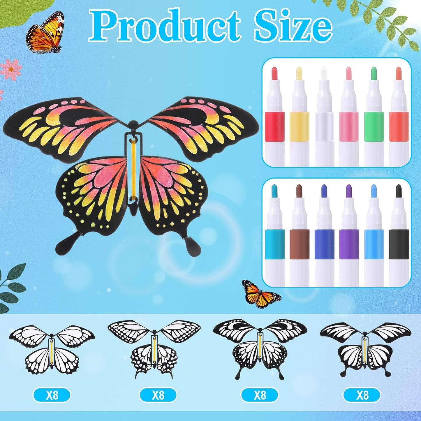 Seenelling 44 Pcs Flying Butterfly Craft Kit with 32 Wind up Butterflies and 12 Color Pens People Painting White Paper Butterflies DIY Toy for Party Game School Activity Birthday Gift (Style 3)