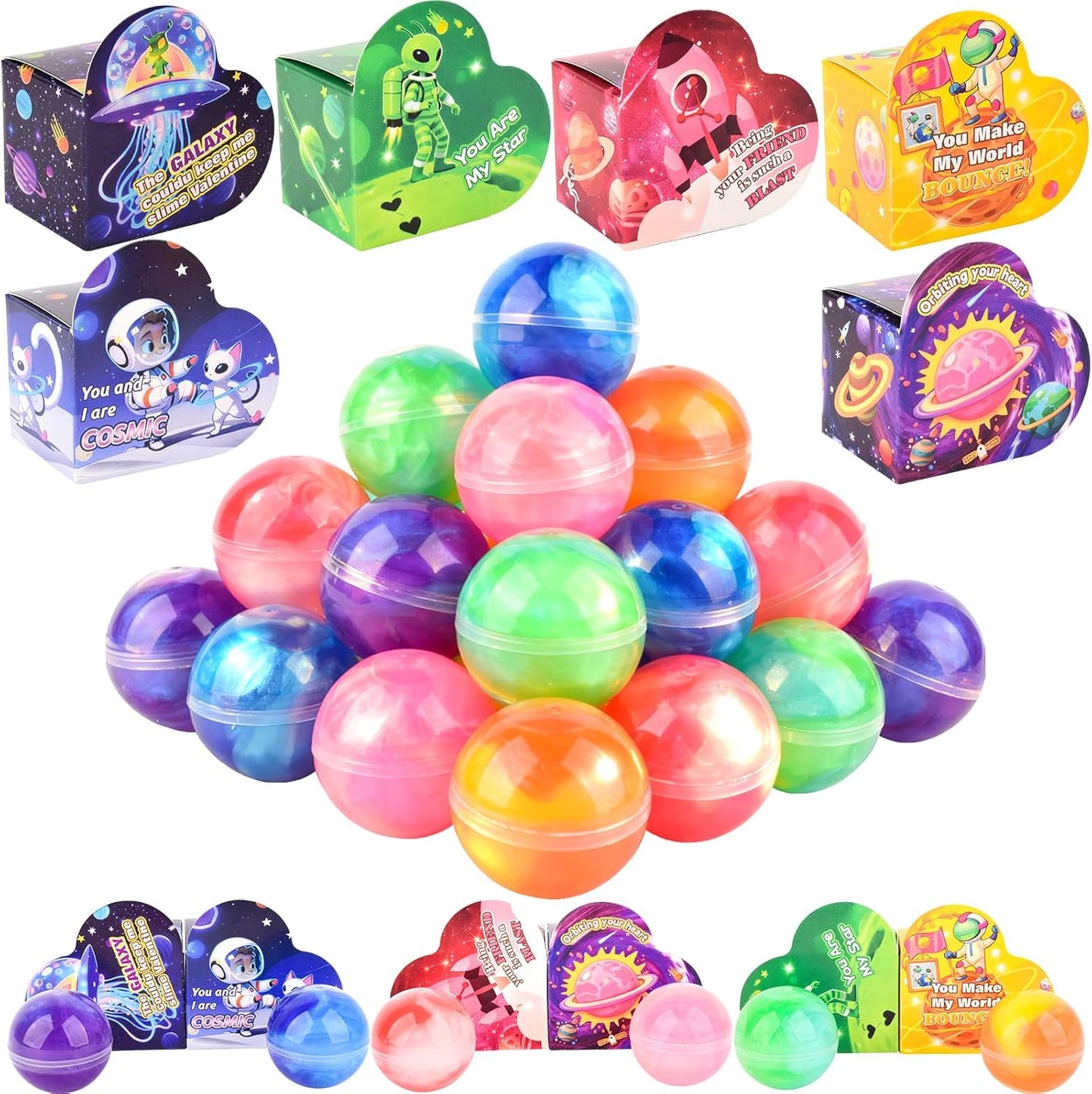 30 Pack Kids Valentines Day Galaxy Slime Gift Kit with Greeting Card Box Stress Relief Fidget Toy for Classroom Exchange School Prizes Birthday Supplies, Valentines Gifts for Kids Classroom