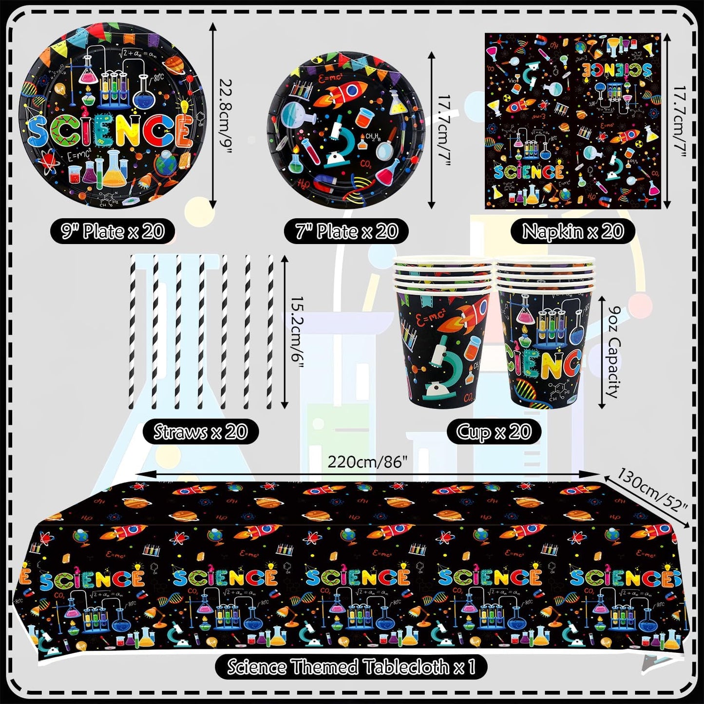Science Party Supplies, Includes Plates, Tablecloth, Cups, Straws, for Boy Girl Scientist Lab Decoration Serves 20 Guests