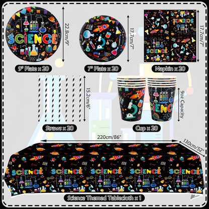 Science Party Supplies, Includes Plates, Tablecloth, Cups, Straws, for Boy Girl Scientist Lab Decoration Serves 20 Guests