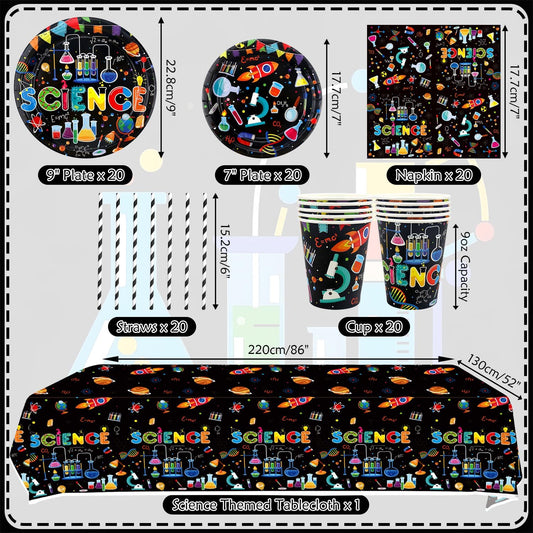 Science Party Supplies, Includes Plates, Tablecloth, Cups, Straws, for Boy Girl Scientist Lab Decoration Serves 20 Guests