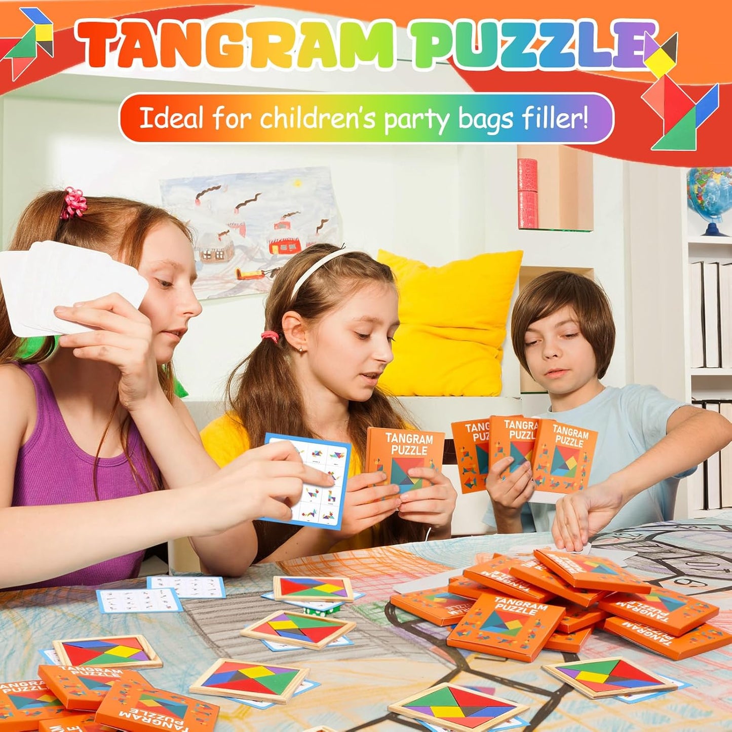 Dunzoom 50 Pack Tangram Puzzle Wooden Pack Bulk Kid Party Favors Stem Jigsaw Game Educational Shape Puzzle Toy Goodie Boxes Stuffers for Kids 4-8 Classroom Prize Reward Birthday (Vibrant Bright)