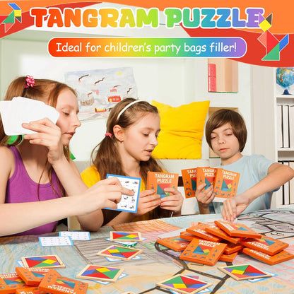 Dunzoom 50 Pack Tangram Puzzle Wooden Pack Bulk Kid Party Favors Stem Jigsaw Game Educational Shape Puzzle Toy Goodie Boxes Stuffers for Kids 4-8 Classroom Prize Reward Birthday (Vibrant Bright)