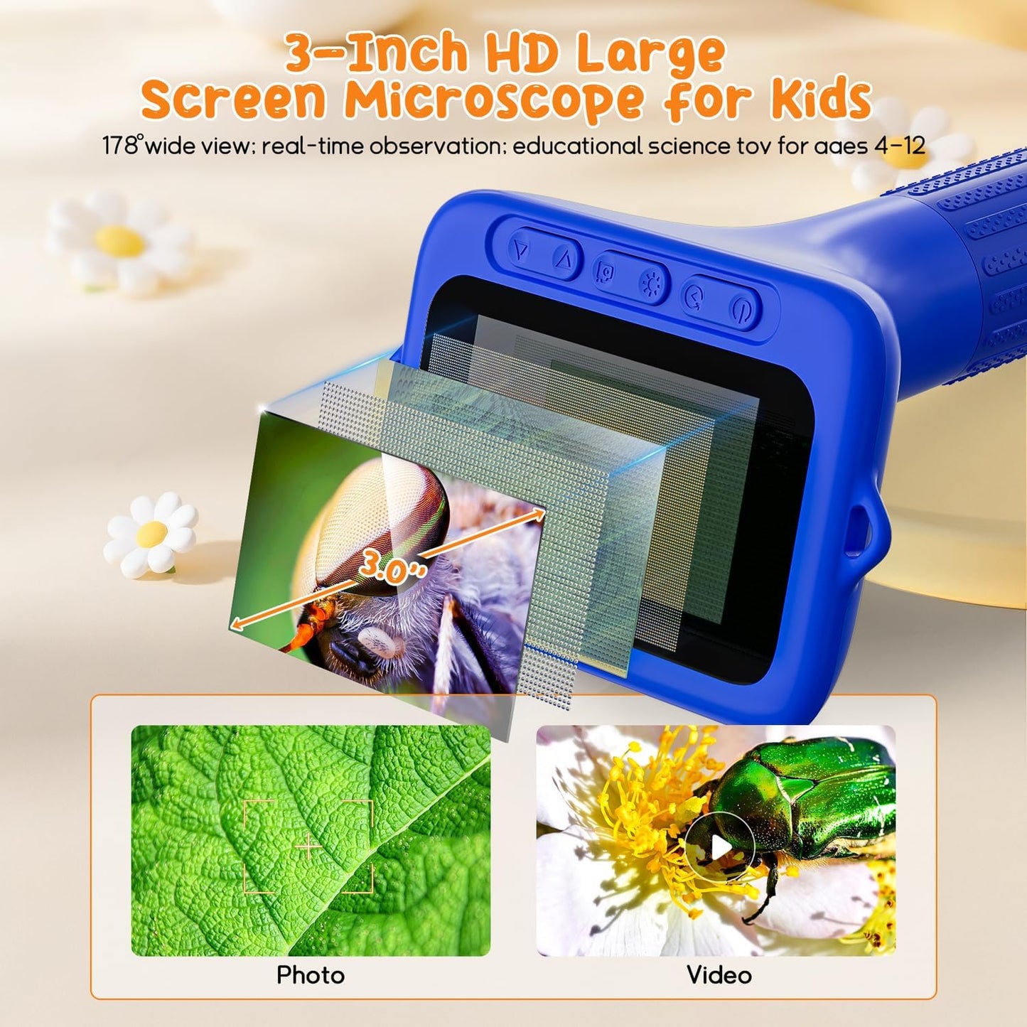 SKYBASIC Digital Microscope for Kids, 3" Screen 1000X Handheld Microscope HD Pocket Portable Microscopes Camera, Science Edu Fun Toys for Ages 4-12 Children Students Boys Girls -Blue