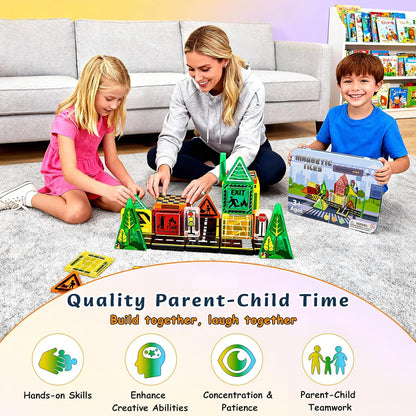 Mini Magnetic Tiles,42PCS Magnetic Building Blocks with Metal Storage Box,STEM Toys for Kids Ages 3+,Sensory Toys for Kids with Autism