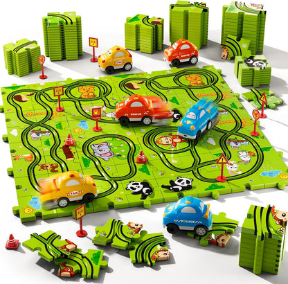 Beby Buty 64PCS Puzzle Track Car Set Toys for Kids Boys, Toddler Toys Gifts for 3 4 5 Year Old, Floor Puzzle Tracks Car for Boys Ages 3-5 4-6, for 3 4 5 6 Year Old
