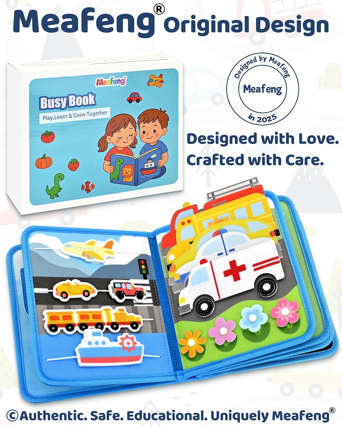 Meafeng Vehicles Educational Book for Toddlers 1–3, Montessori Quiet Activity & Learning Book with Cars, Trucks & Firefighters, Educational Toy for Early Learning, Travel Toy for Car & Airplane Trips