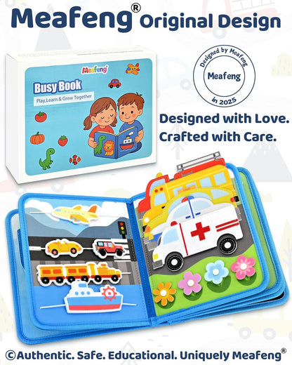 Meafeng Vehicles Educational Book for Toddlers 1–3, Montessori Quiet Activity & Learning Book with Cars, Trucks & Firefighters, Educational Toy for Early Learning, Travel Toy for Car & Airplane Trips