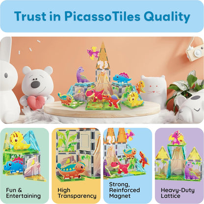 PicassoTiles Magnetic Tile Building Blocks Add On 8 Magnetized Action Figures Construction Vehicles & Zoo Animal Theme Compatible with Magnet Tiles Sets STEM Learning Toy for Boys & Girls Age 3+ PTA21