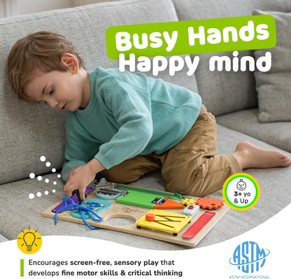 deMoca Toddler Busy Board for 1 Year Old, Travel Baby Wooden Montessori Busy Board for Toddlers 1–3, Switch and Fidget Activities for Early Motor Skills and Travel Play