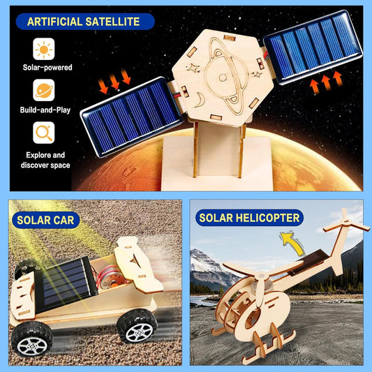 6-in-1 Solar STEM Building Kit, Wooden DIY Construction Set with Satellite, Helicopter, Cars, Educational Science Toy for Kids Ages 6-14 Years