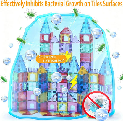 Upgraded Antibacterial Magnetic Tiles - 106 PCS Magnet Building Tiles with 2 Cars for Kids, Inhibits Bacterial Growth for Safe Play, 3D STEM Educational Construction Blocks & Xmas Gift