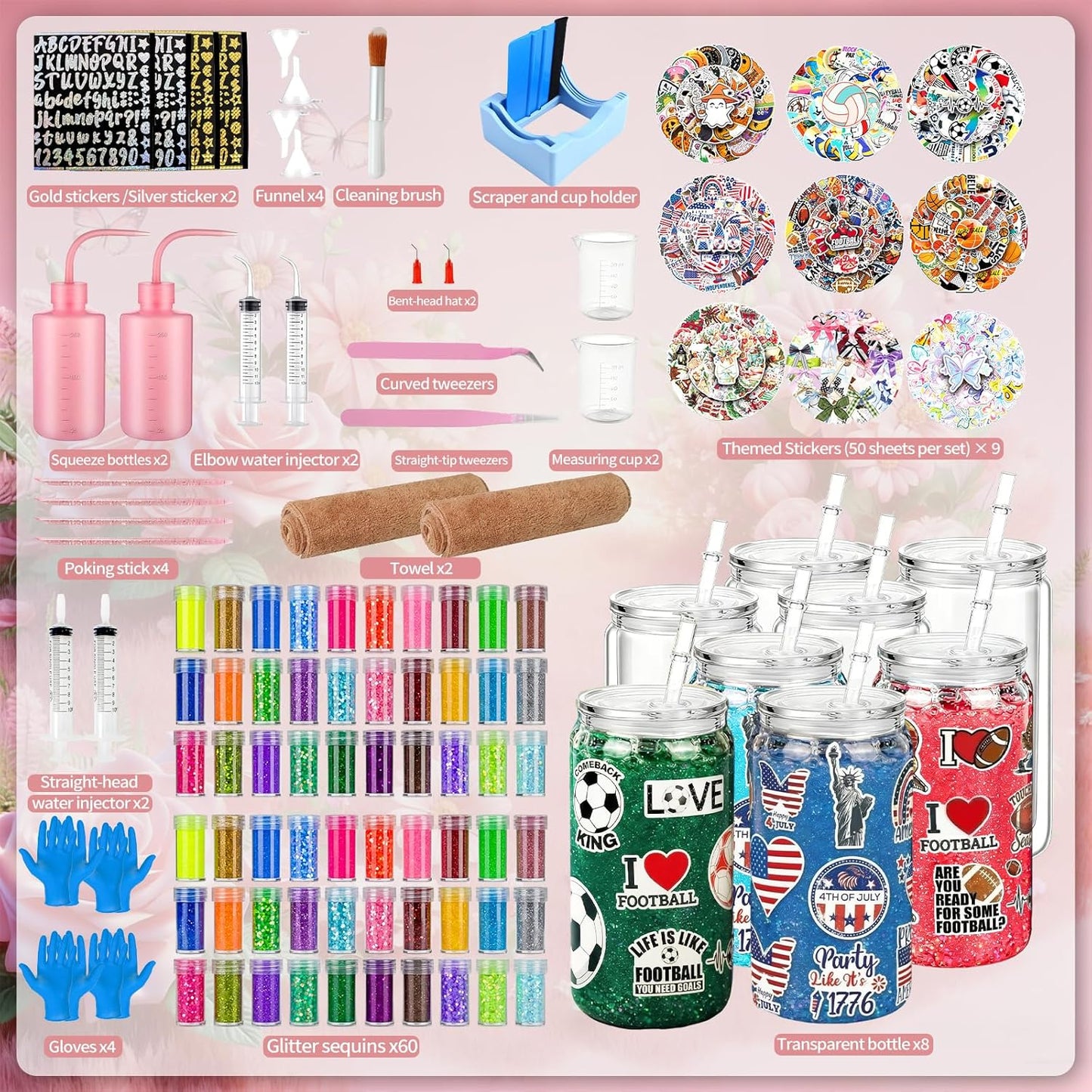 Bumaeu 61Pcs Snow Globe Tumbler Starter Kit Includes 16oz Double-Wall Acrylic Snowglobe Cups Suitable for Beginners DIY Kit Includes Glitters Stickers and Accessories