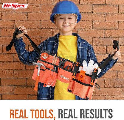 Hi-Spec 16pc Orange Kids Tool Kit Set & Child Size Tool Belt. Real Kit for DIY Building, Woodwork & Construction Learning for Kids