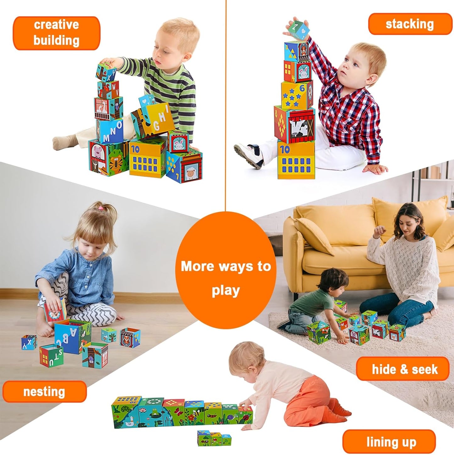10 Pcs Nesting and Stacking Blocks for Toddlers 1-3 - Cardboard Stacking Cubes with ABC & Numbers - Montessori Educational Learning Toy - Sturdy Toddler Tower Building Set for Kids