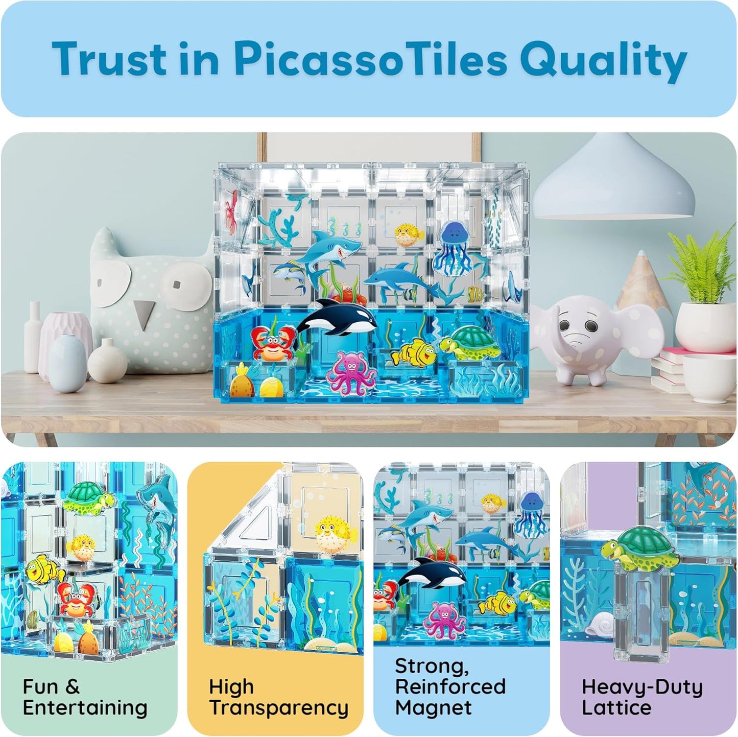 PicassoTiles Magnet Tiles Magnetic Building Blocks Aquarium Marine Animal Theme Set with 8 Character Action Figures Shark Crab Turtle STEM Toys Construction Preschool Toddlers Kids Boys Girls 3+ PTQ15